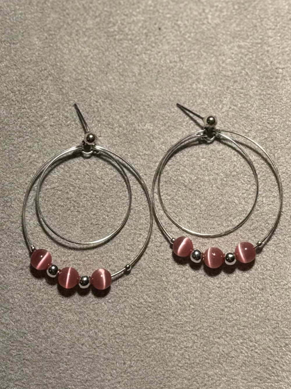 Silver Hoop Earrings with Pink Beads - Women Jewelry